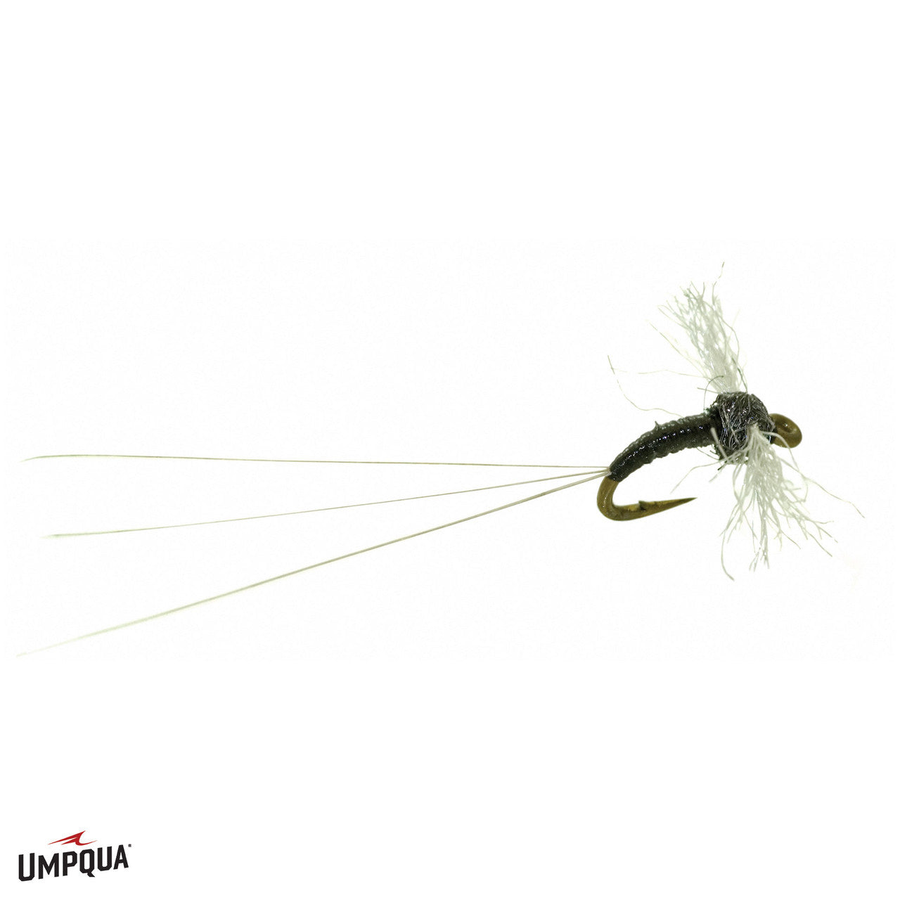 Trico Drowned Spinner fishing lure with slender black segmented body, fine tail fibers, and delicate white hackle for fly fishing and fishing tackle enthusiasts.