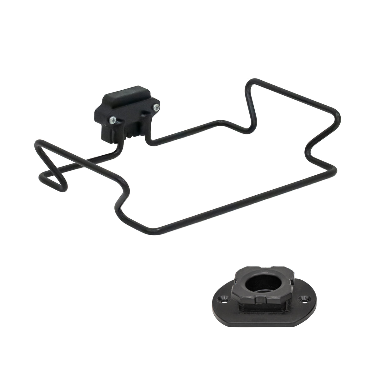 Eskimo E-Hub Waste Bag Holder made of black metal wire frame with mounting base, designed to securely hold and dispense waste bags for fishing tackle and outdoor use.