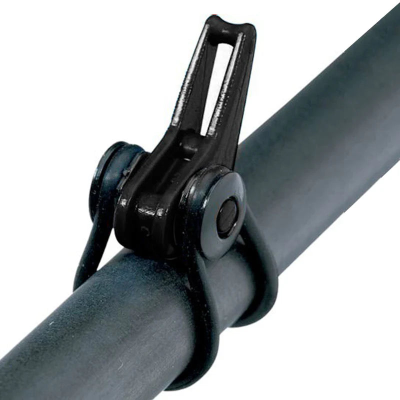 Close-up of a black Fuji EZ Keeper rod holder securely attached to a fishing rod, designed to hold fishing tackle and gear in place during use.