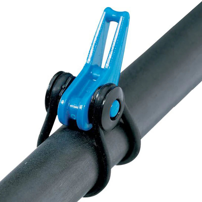 Close-up of a blue Fuji EZ Keeper rod holder attached to a black fishing rod, designed to securely hold fishing rods and reels in place.