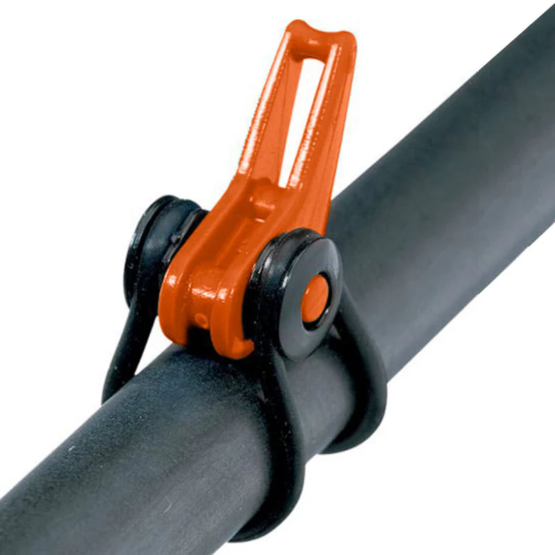 Close-up of an orange and black Fuji EZ Keeper rod clip securely attached to a black fishing rod, designed to hold fishing tackle and gear in place.