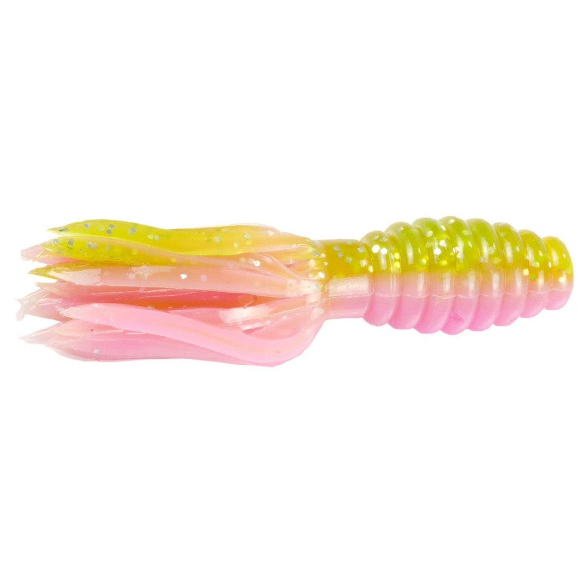 Strike King Mr. Crappie Thunder Tube Bait with segmented body and multiple flexible appendages in green and pink colors, designed for fishing tackle use.