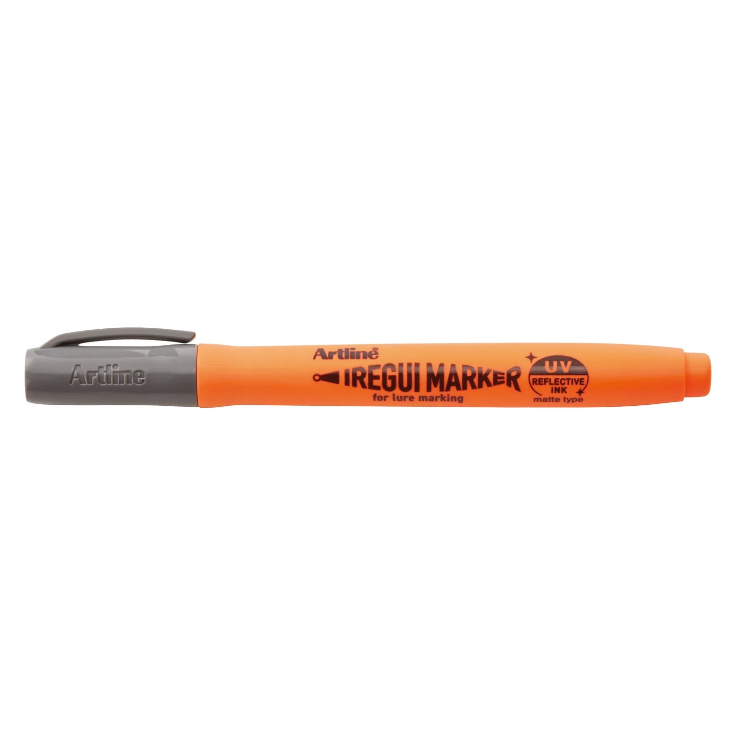 Orange Artline IREGUI Markers pen with gray cap, featuring UV reflective ink designed for lure marking in fishing tackle and marine electronics applications.