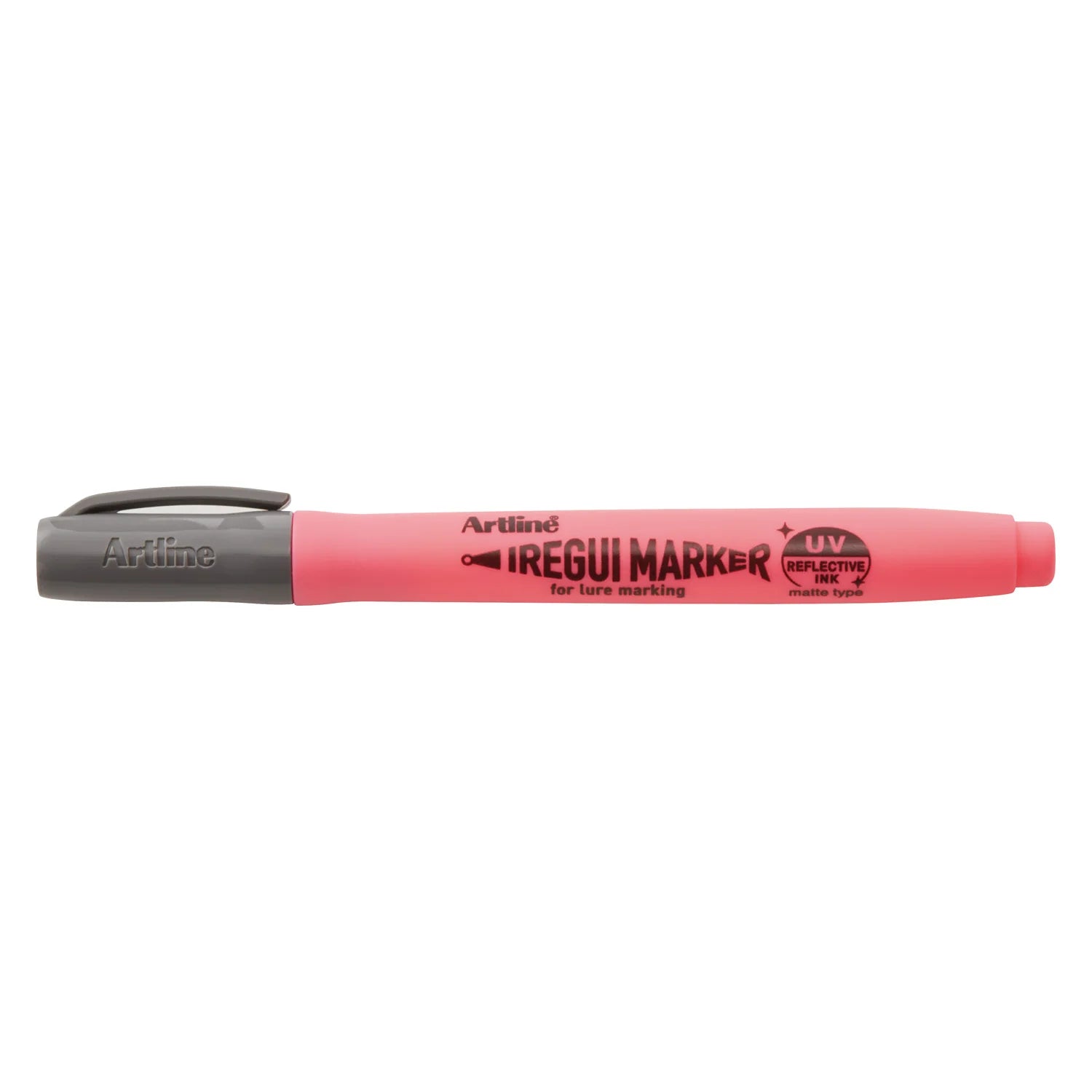 Artline IREGUI Markers in matte pink with a black cap, designed for marking fishing lures, featuring UV reflective ink for enhanced visibility.