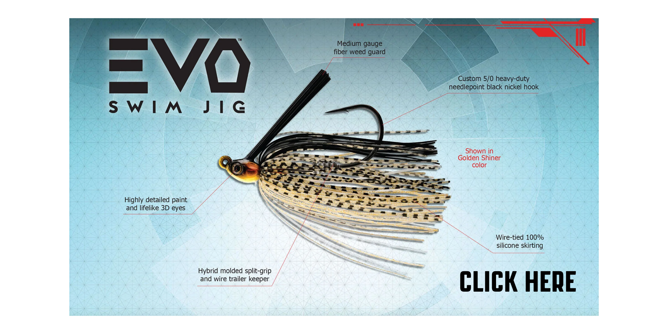 close up of evo swim jig with wee gaurd and diagram of lure black and striped skirt wtih weed guard. Please call 763-572.3782 if you have any questions. 