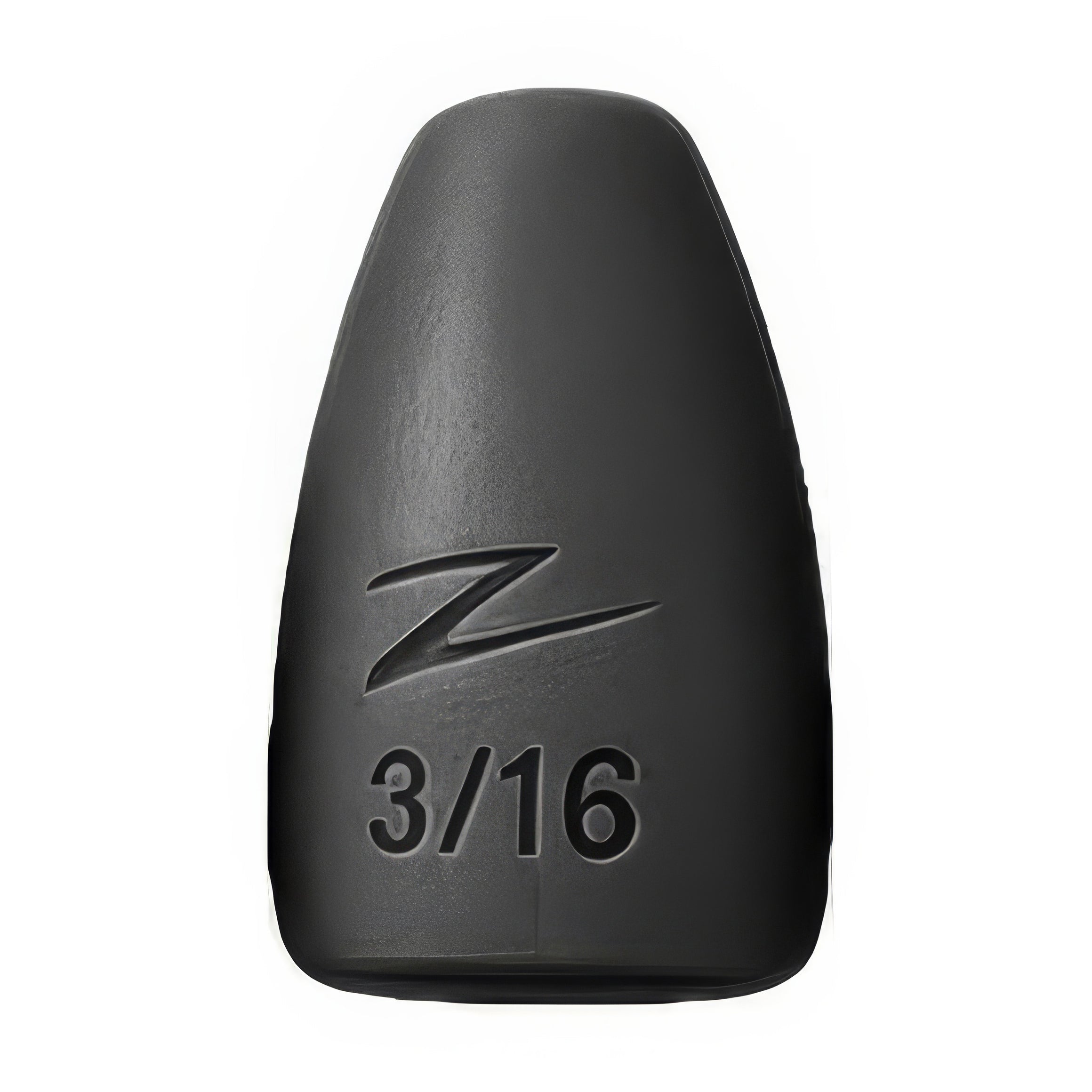 Close-up of a black Z-Man Forge Flipping Weights fishing tackle piece with a sleek design and a 3/16 weight marking.