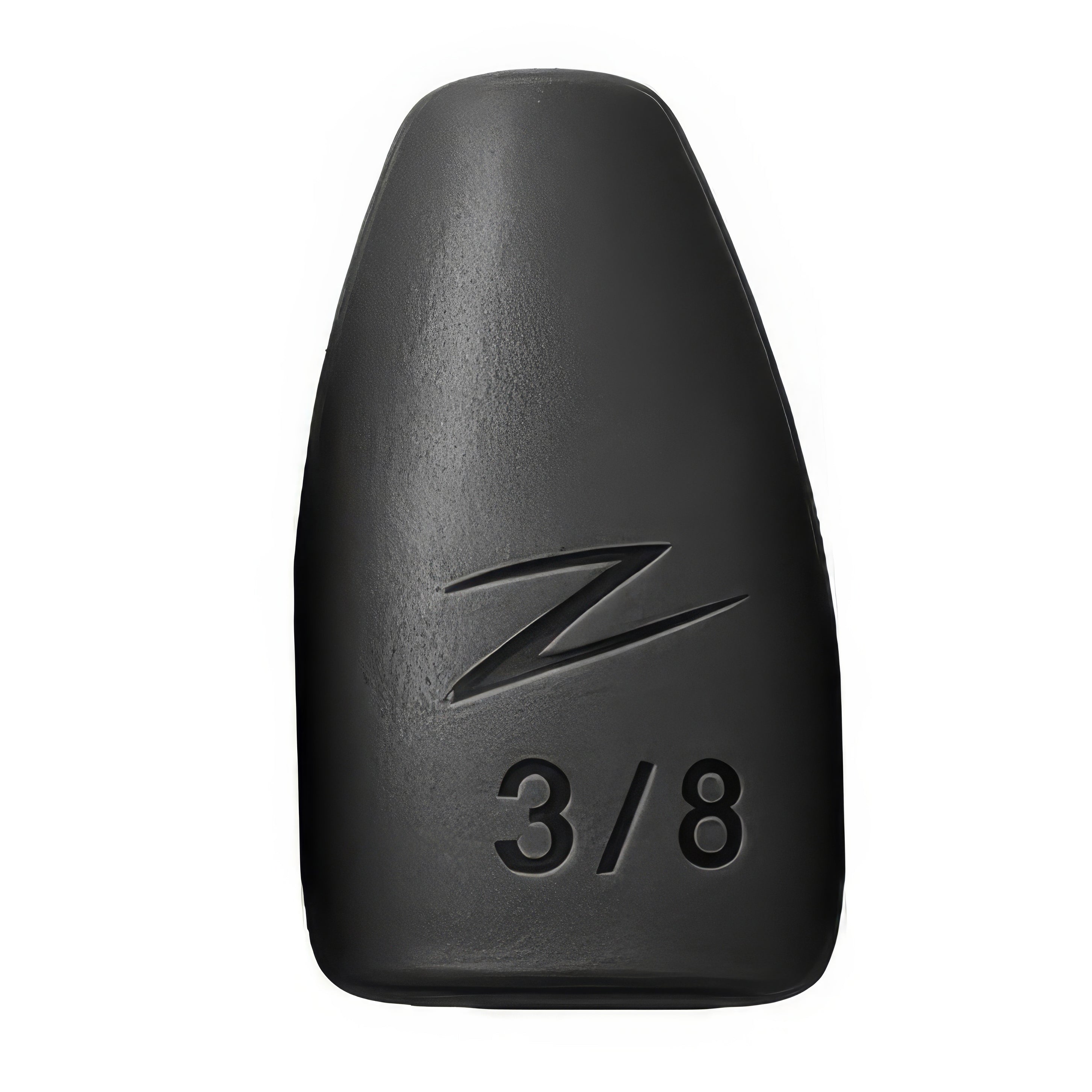 Black Z-Man Forge Flipping Weights fishing tackle with a 3/8 ounce weight marking, designed for precision flipping techniques in musky and ice fishing.