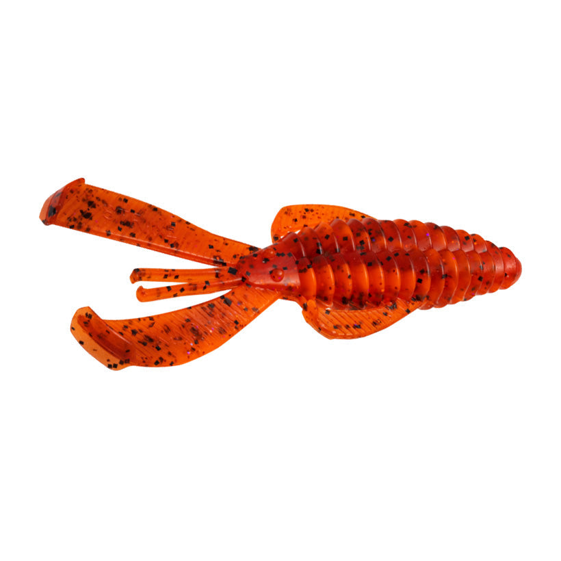 Bright orange soft plastic fishing lure with black speckles shaped like a crawfish, designed for use as a Strike King Rage Bug fishing tackle.