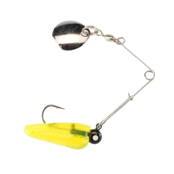 Johnson Fishing Lures Beetle Spin Jig with a bright yellow body, single fishing hook, and a small silver spinner blade, designed for effective fishing tackle use.