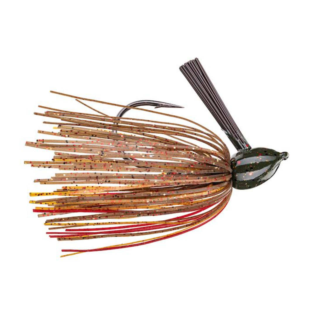 Strike King Hack Attack Fluoro Flipping Jig fishing lure featuring a multi-colored skirt with red, brown, and yellow strands and a single dark hook designed for freshwater fishing tackle.