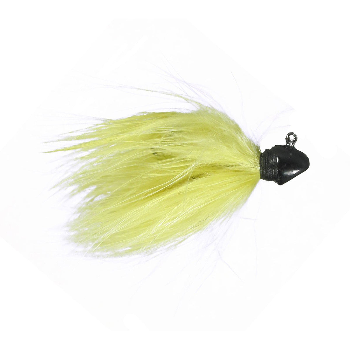 Outkast Tackle Fighter Fly Marabou Jig featuring a black weighted head and vibrant yellow marabou feathers, designed for effective fishing tackle use.