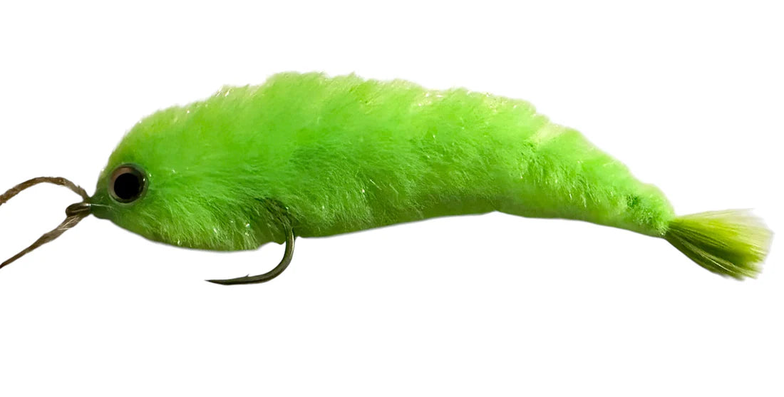Close-up of a bright green Chocklett Factory Finesse Changer fishing lure with a curved hook and soft feathered tail designed for finesse fishing techniques.