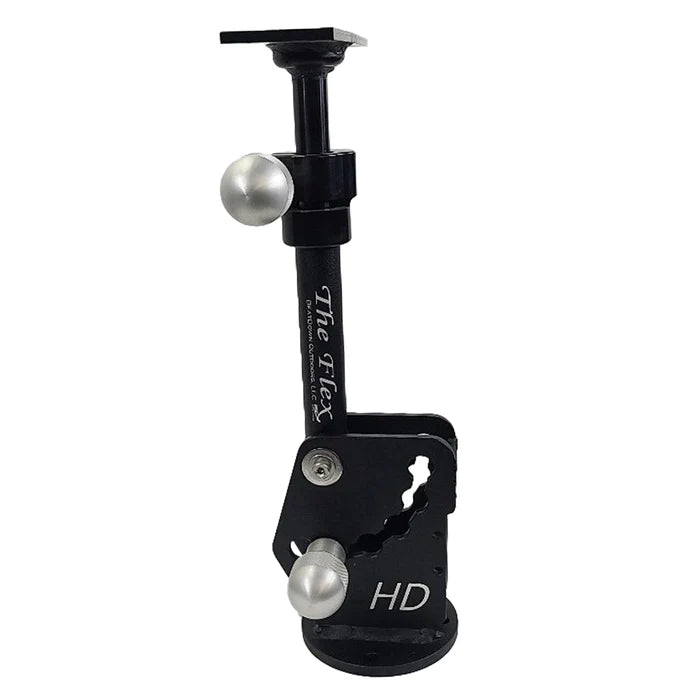 Beatdown Outdoors Flex HD SKU: FLX-HD marine electronics mount in black metal with adjustable clamps and silver knobs designed for secure attachment to fishing equipment.