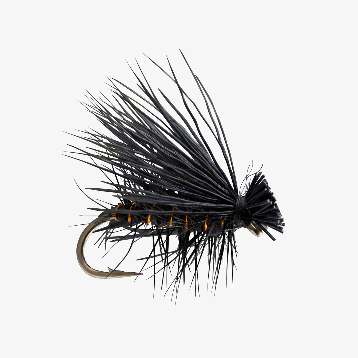 Elk Hair Caddis fishing lure featuring black hair fibers and a hooked design, crafted for fly fishing and freshwater fishing tackle enthusiasts.