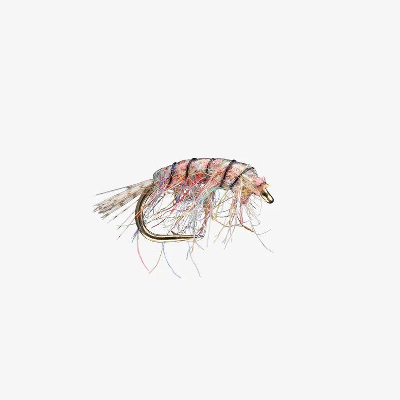 Scud #14 fishing lure with a curved gold hook, detailed with multi-colored fibers and fine synthetic materials designed to mimic freshwater nymphs for fishing tackle.