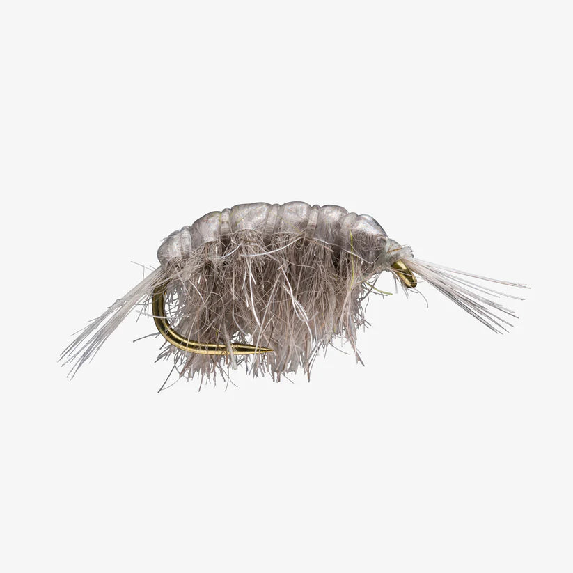 Close-up of a gray Scud #14 fishing lure with fine synthetic fibers and feather-like materials tied on a small gold hook, designed for freshwater fly fishing.