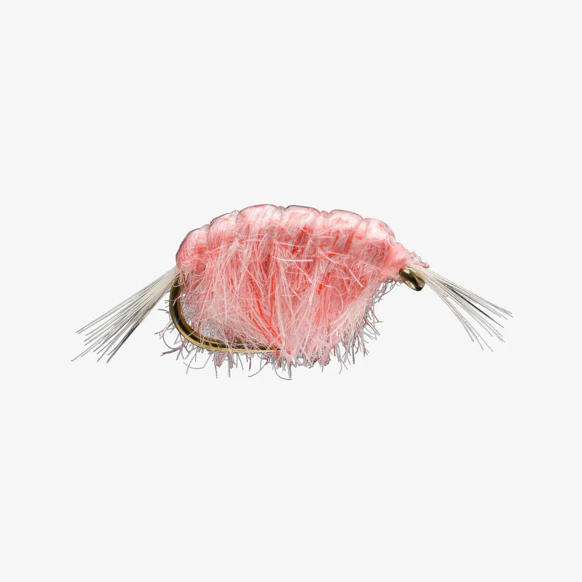 Close-up of a pink Scud #14 freshwater nymph fishing lure with detailed synthetic fibers and a curved hook, designed for fishing tackle and fly fishing.