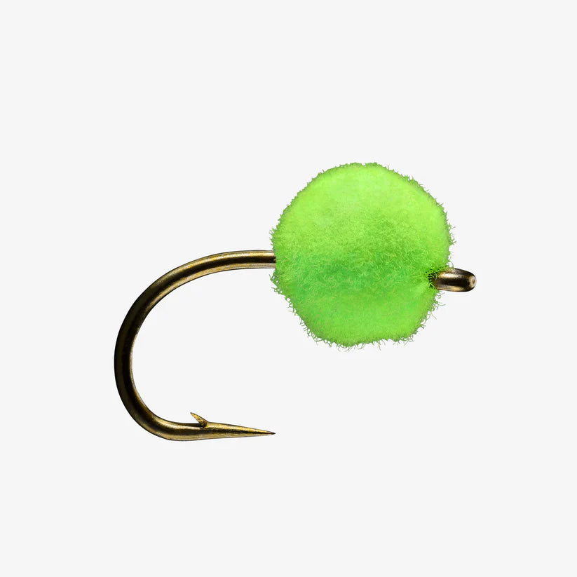 Close-up of a fishing hook with a vibrant chartreuse green foam ball attached, designed as an Egg Fly for freshwater fishing tackle.