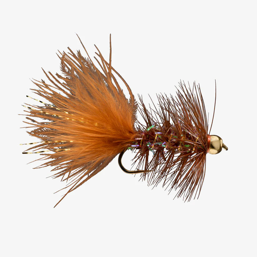 Wooly Bugger fishing lure featuring brown and orange marabou feathers with iridescent body fibers and a gold bead head, designed for freshwater fishing tackle.