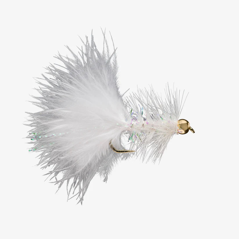 Close-up of a white Wooly Bugger fishing lure featuring soft marabou feathers, iridescent synthetic fibers, and a gold-colored bead head designed for freshwater fishing tackle.