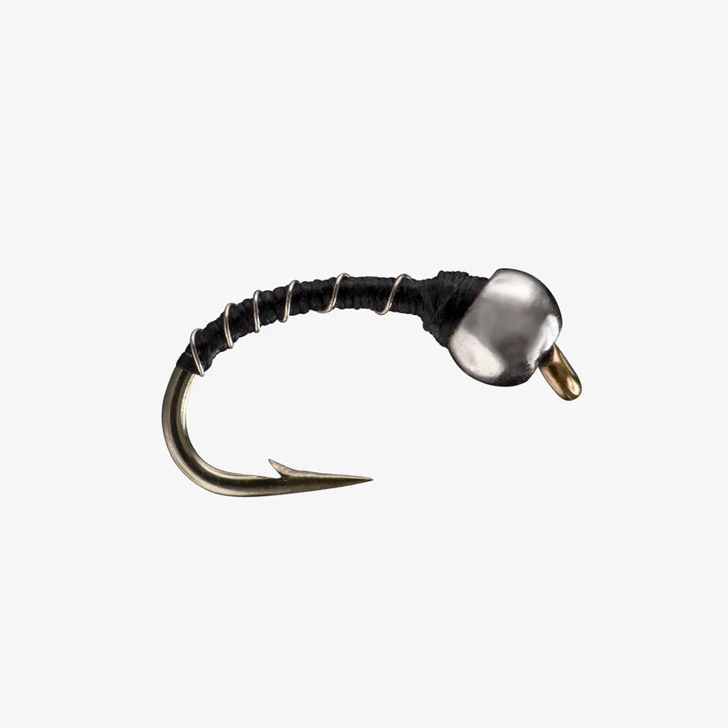 Close-up of a Zebra Midge Tungsten fishing lure featuring a curved gold hook, black thread wrapping, and a shiny tungsten bead head designed for freshwater fishing tackle.