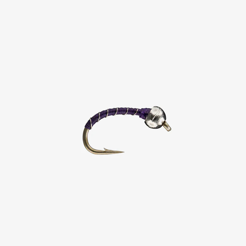 Zebra Midge Tungsten fishing lure featuring a curved hook wrapped with dark purple thread and a small shiny tungsten bead head for freshwater fly fishing tackle.
