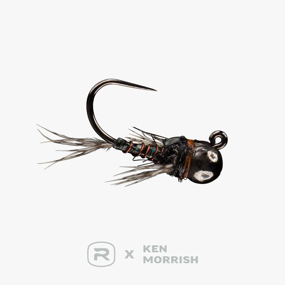 Close-up of a Sparkle Donkey fishing lure featuring a detailed black and metallic bead head, a sharp curved hook, and fine feather textures, designed for freshwater fishing tackle.