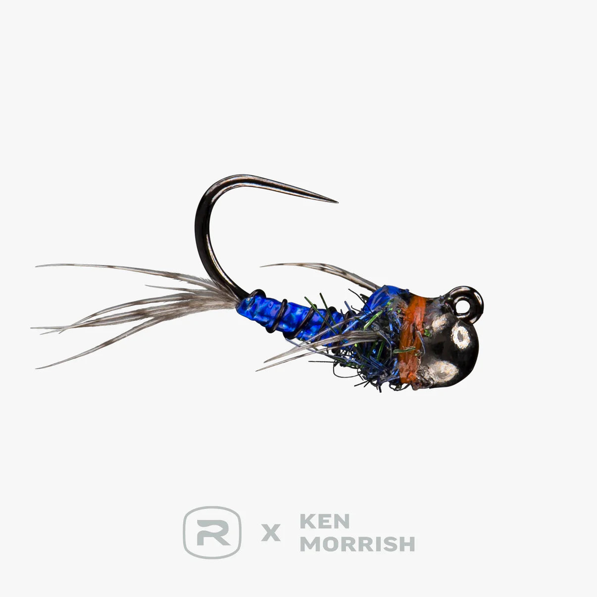 Close-up of the Sparkle Donkey fishing lure featuring a sharp curved hook, blue and black detailed body, fine feather tail, and rounded weighted head for freshwater fishing.