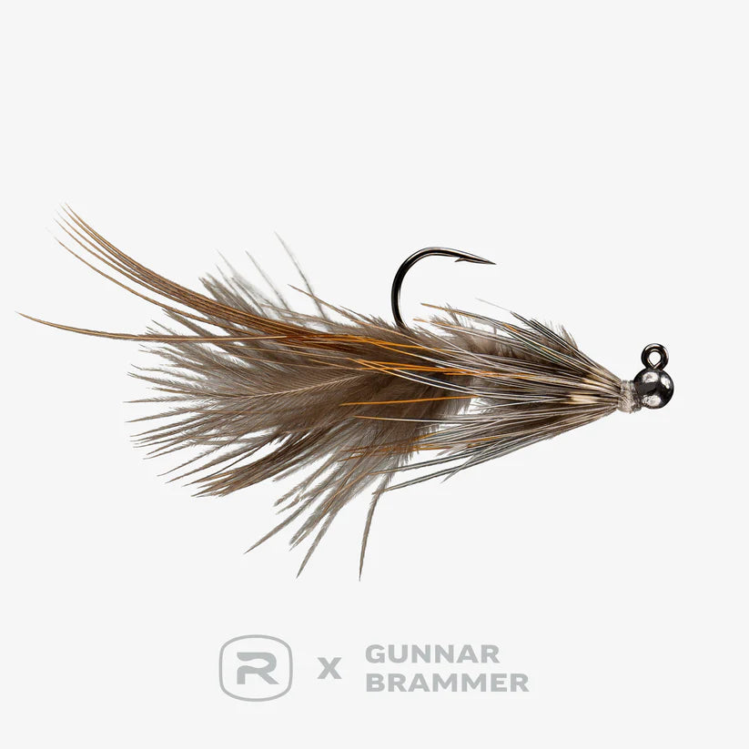 Brammer's Pheasant Bugger fishing lure with brown and gray feather materials tied around a metal hook, designed for freshwater and warmwater fishing tackle.