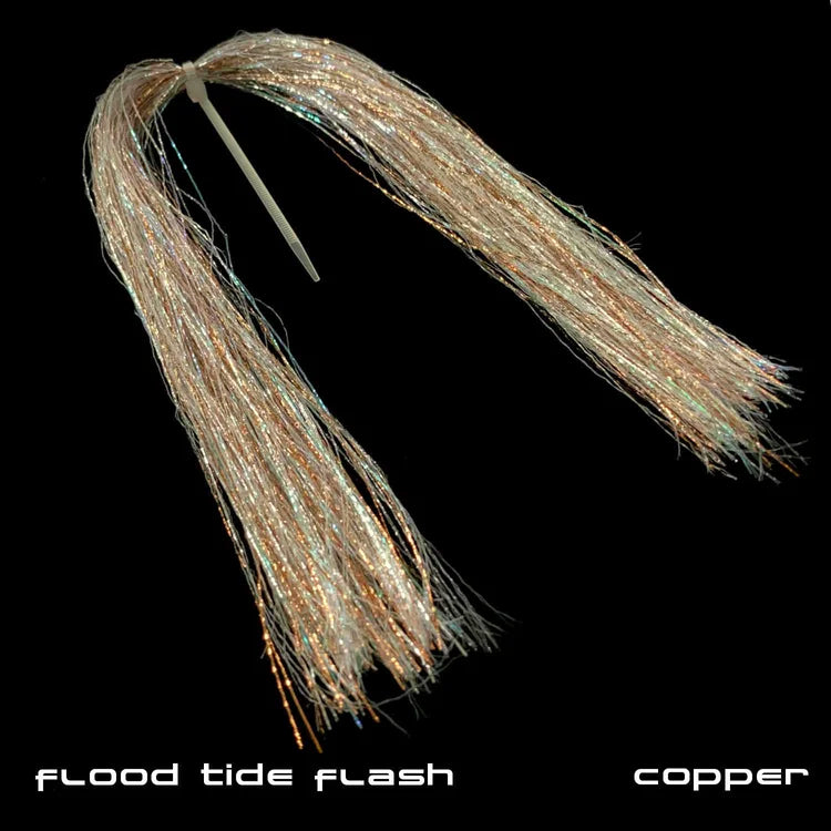 Sight Cast Flood Tide Flash in copper features shimmering, fine synthetic fibers designed for fly tying, enhancing fishing lures with reflective, flash materials.
