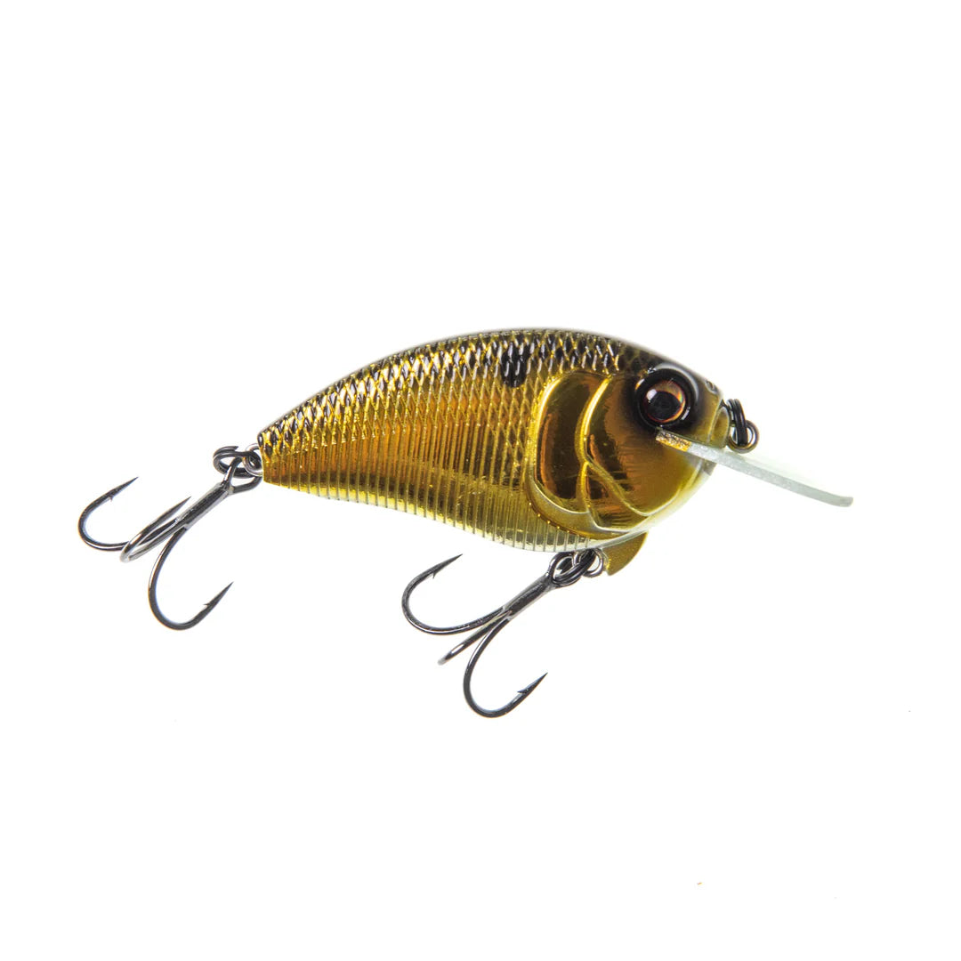 Bass Mafia Fugitive Flat-Sided Crankbait in gold with realistic fish scale texture, two sharp treble hooks, and a clear diving lip designed for fishing tackle use.