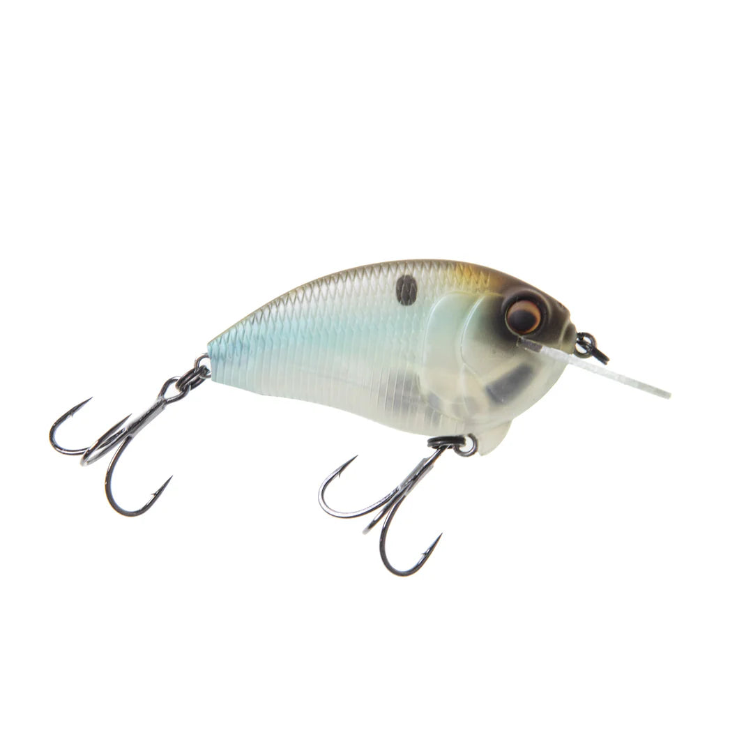 Bass Mafia Fugitive Flat-Sided Crankbait fishing lure with a matte shad finish, featuring two treble hooks and a compact, lifelike design for effective fishing tackle use.