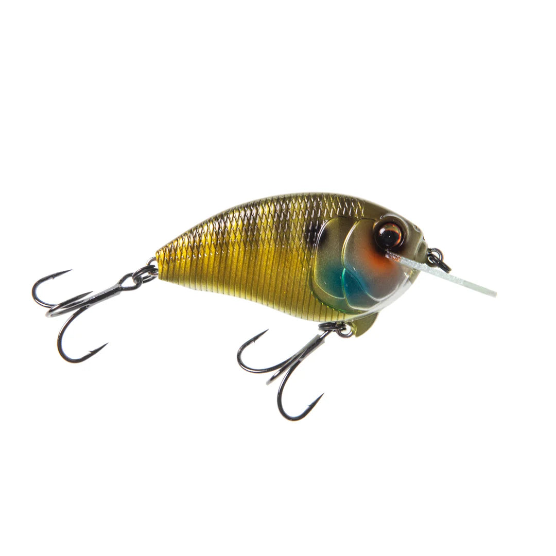 Bass Mafia Fugitive Flat-Sided Crankbait fishing lure with a lifelike green and gold pattern, two treble hooks, and a clear diving lip for freshwater fishing tackle.