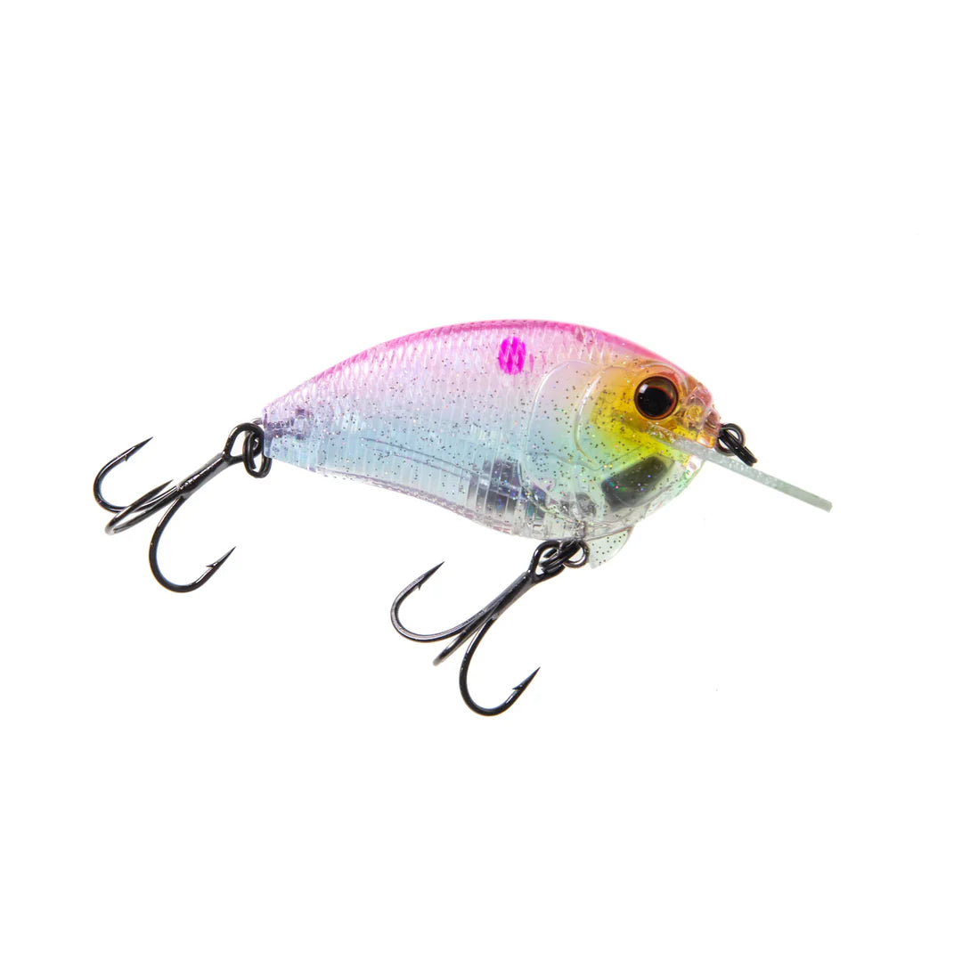 Bass Mafia Fugitive Flat-Sided Crankbait fishing lure with transparent body featuring pink, yellow, and blue hues, equipped with two black treble hooks and a diving lip.