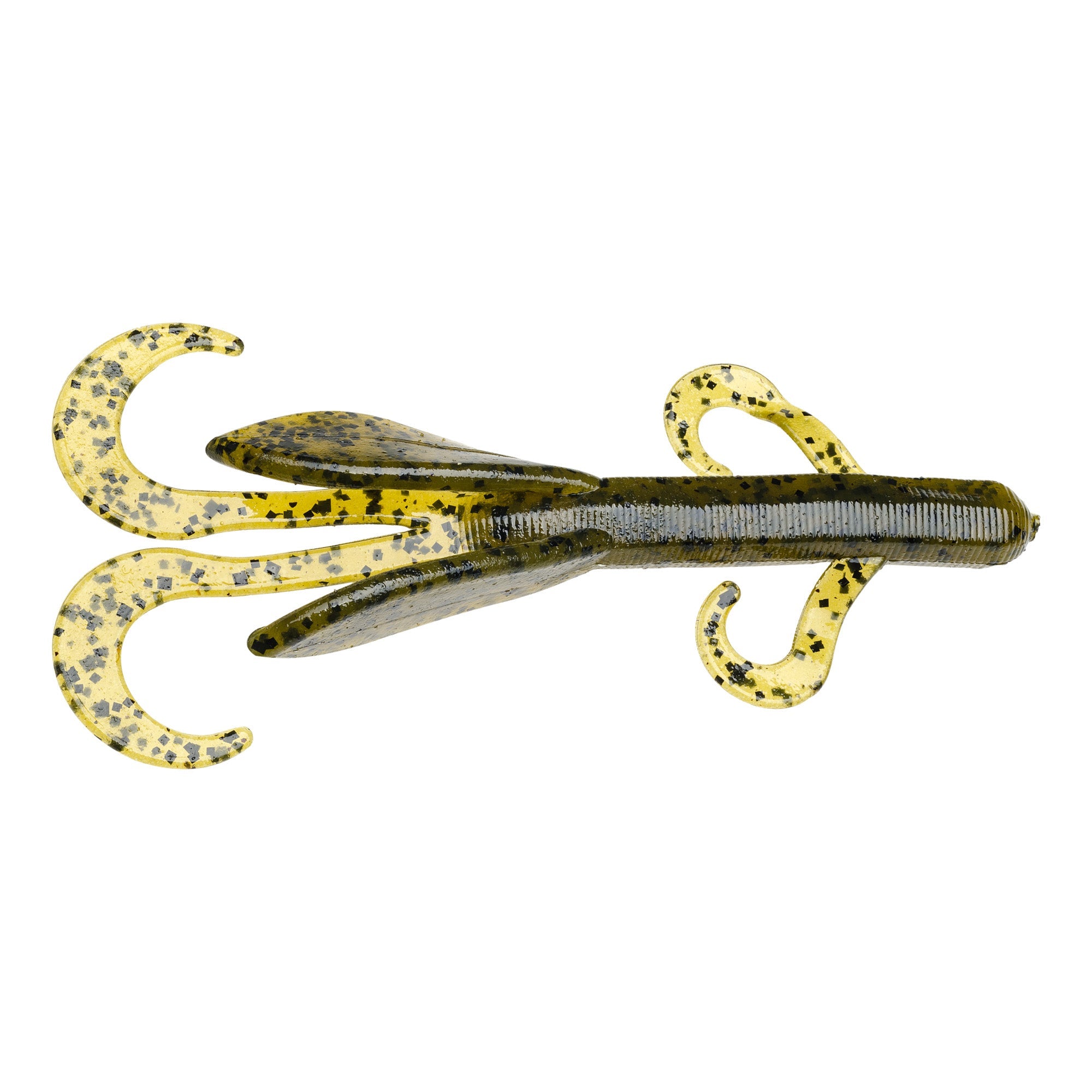 Strike King KVD Perfect Plastics Game Hawg fishing lure in green with black speckles, featuring multiple curled appendages for lifelike movement in water.