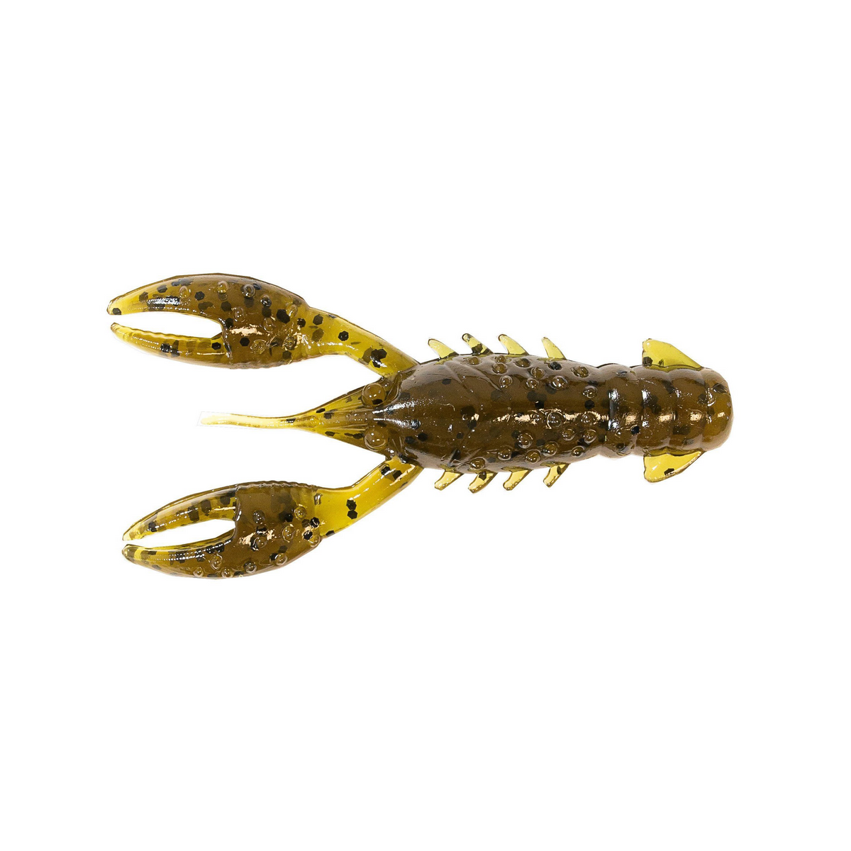 Close-up of a green and black speckled Z-Man TRD CrawZ fishing lure shaped like a crawfish, designed for use with fishing tackle and rods.