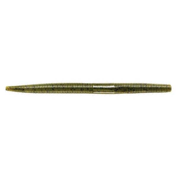 Yum Dinger Worm 5" soft fishing lure in olive green color with ribbed texture designed for freshwater fishing tackle targeting musky and other species.