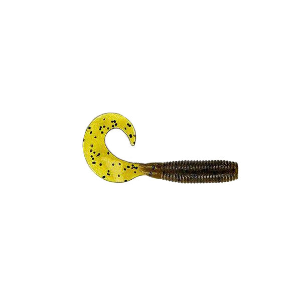 Yamamoto Single Tail Grub fishing lure with a ribbed dark brown body and a bright yellow curly tail speckled with black, designed for effective fishing tackle use.