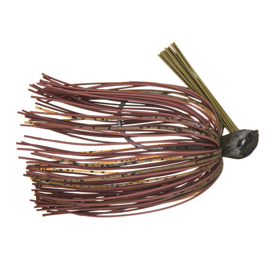 Greenfish Tackle Sinewy Jig featuring a detailed skirt with brown and tan strands and a weighted head designed for effective fishing tackle use.