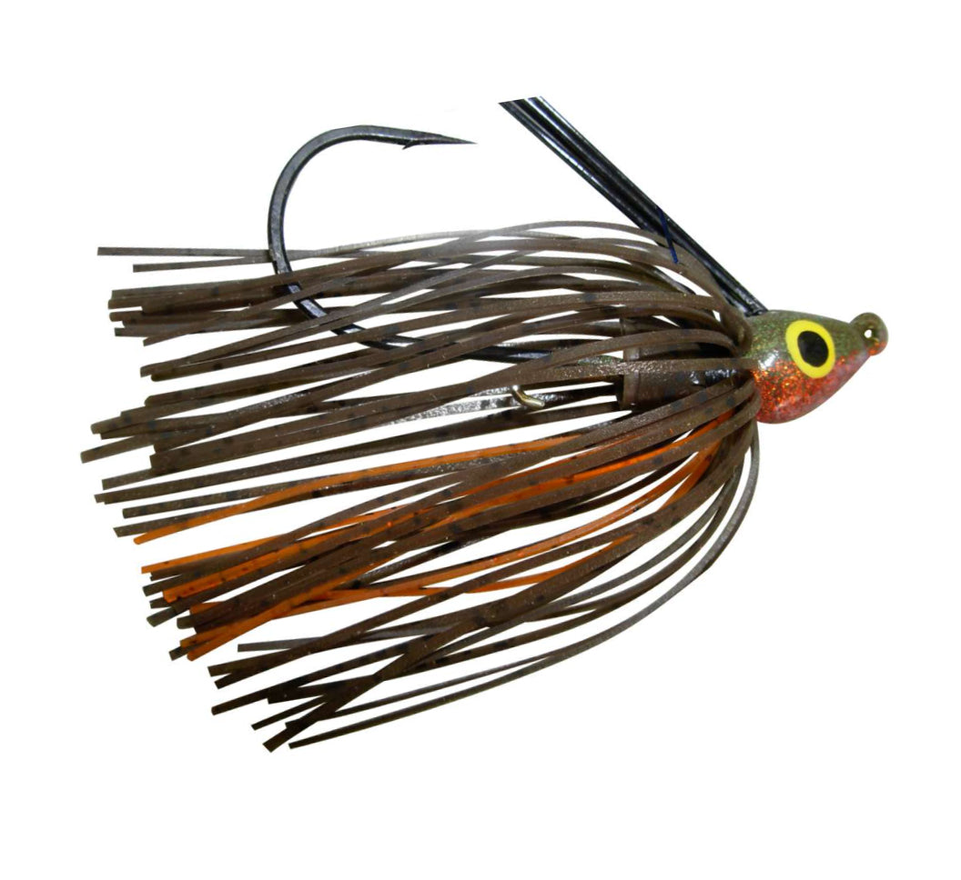 Lethal Weapon II Swim Jig fishing lure featuring a detailed painted head with yellow eye, brown and orange silicone skirt, and single hook designed for effective fishing tackle use.