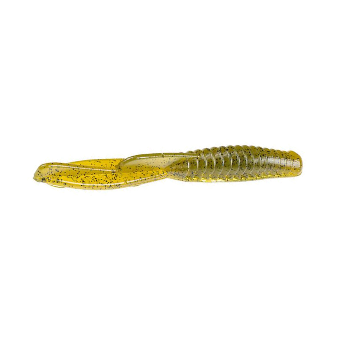 Strike King KVD Perfect Plastics Half Shell Dropshot Worm in translucent greenish-yellow with black speckles, designed as a soft fishing lure for targeted freshwater fishing.