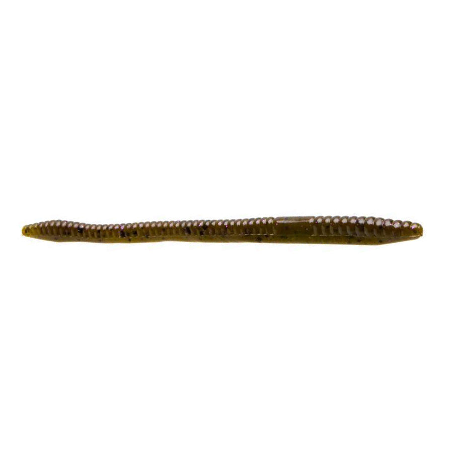 Zoom Finesse Worm fishing lure with a slender, segmented body in a brownish tone, designed for use with fishing tackle and rods.