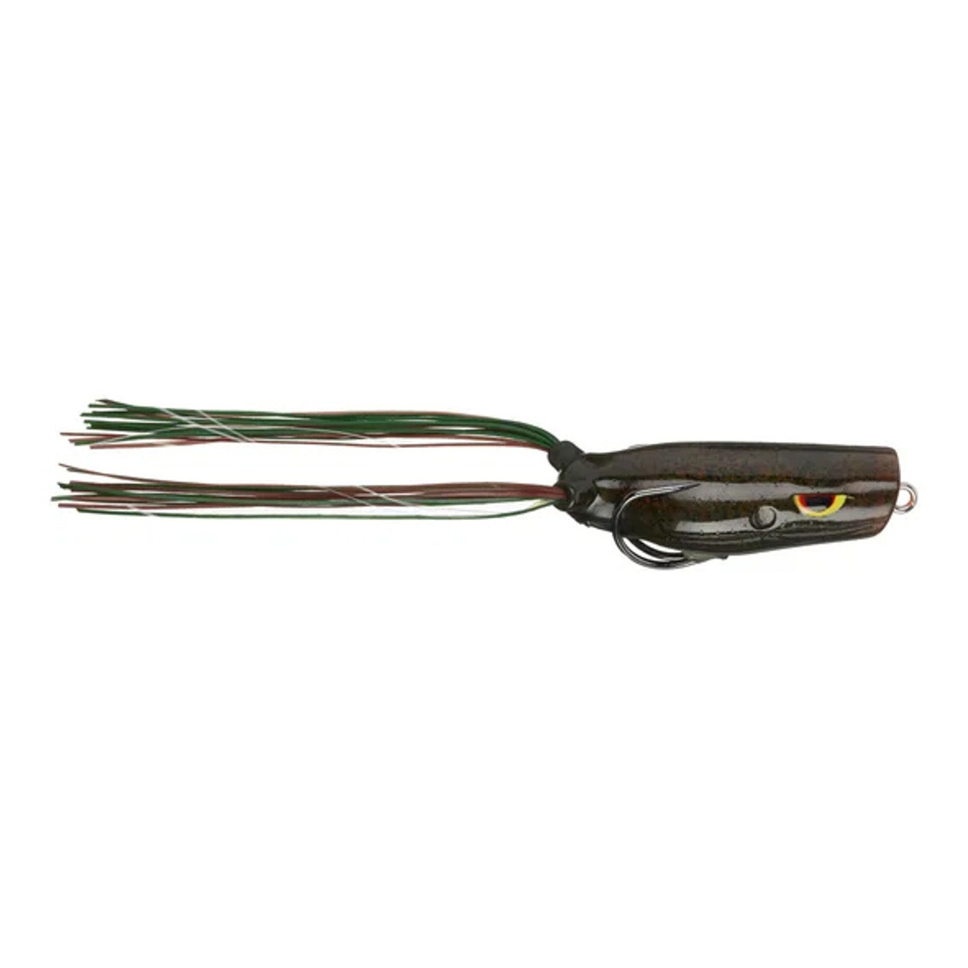 Gambler Lures Popping Frog fishing lure in dark colors with detailed eyes and flexible skirted legs, designed for freshwater fishing tackle.