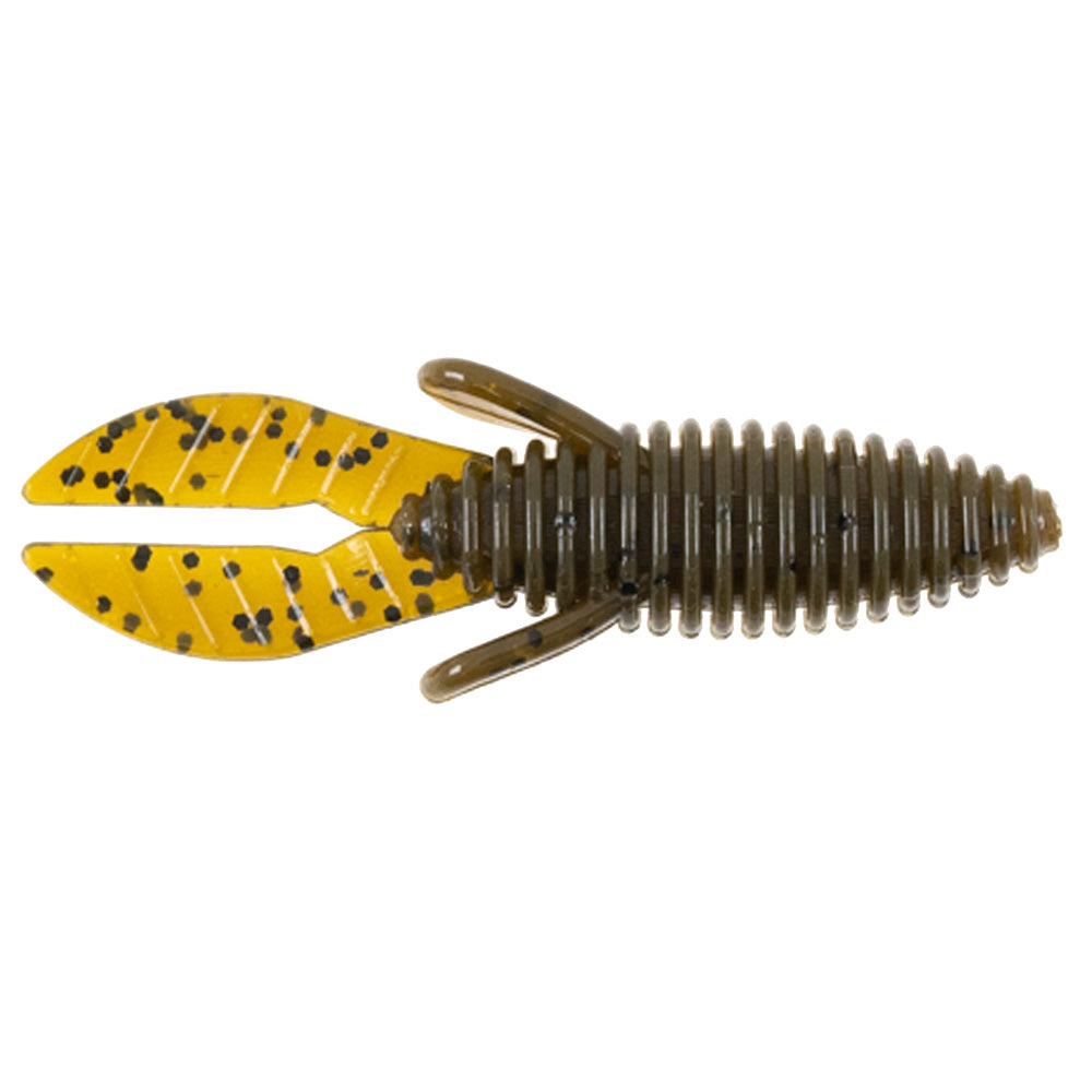 Missile Baits Micro D Bomb fishing lure in ribbed body design with split yellow tail featuring black speckles, ideal for fishing tackle and musky angling.