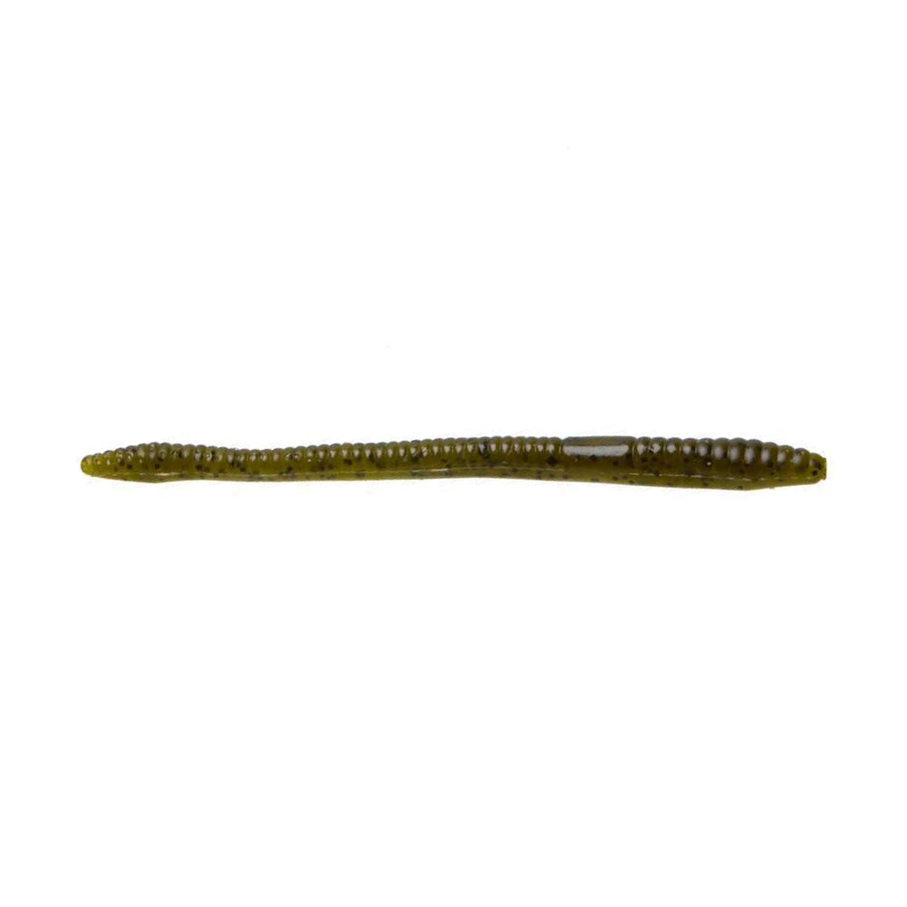 Zoom Finesse Worm fishing lure in green with ribbed texture and slender, flexible body designed for finesse fishing and improved bait presentation.