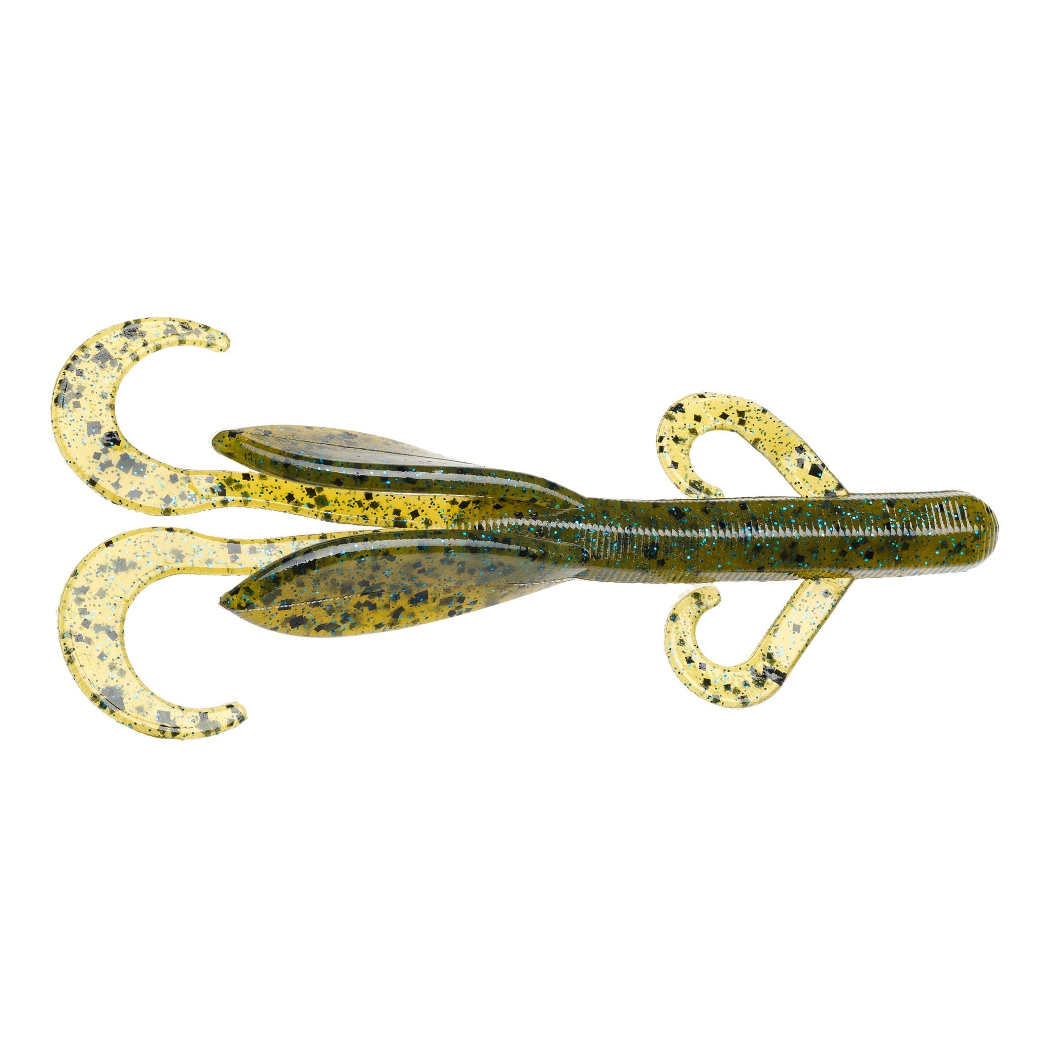 Strike King KVD Perfect Plastics Game Hawg fishing lure in green and yellow speckled pattern with multiple curly tails designed for attracting musky and other game fish.