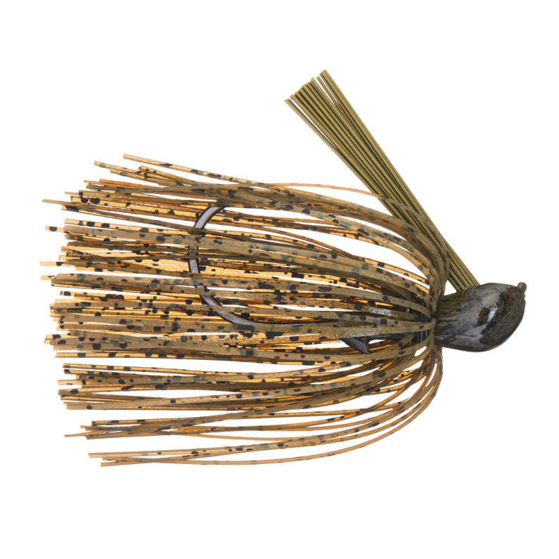 Greenfish Tackle Sinewy Jig with a speckled brown and tan skirt, weighted head, and weed guard, designed for effective fishing tackle use.
