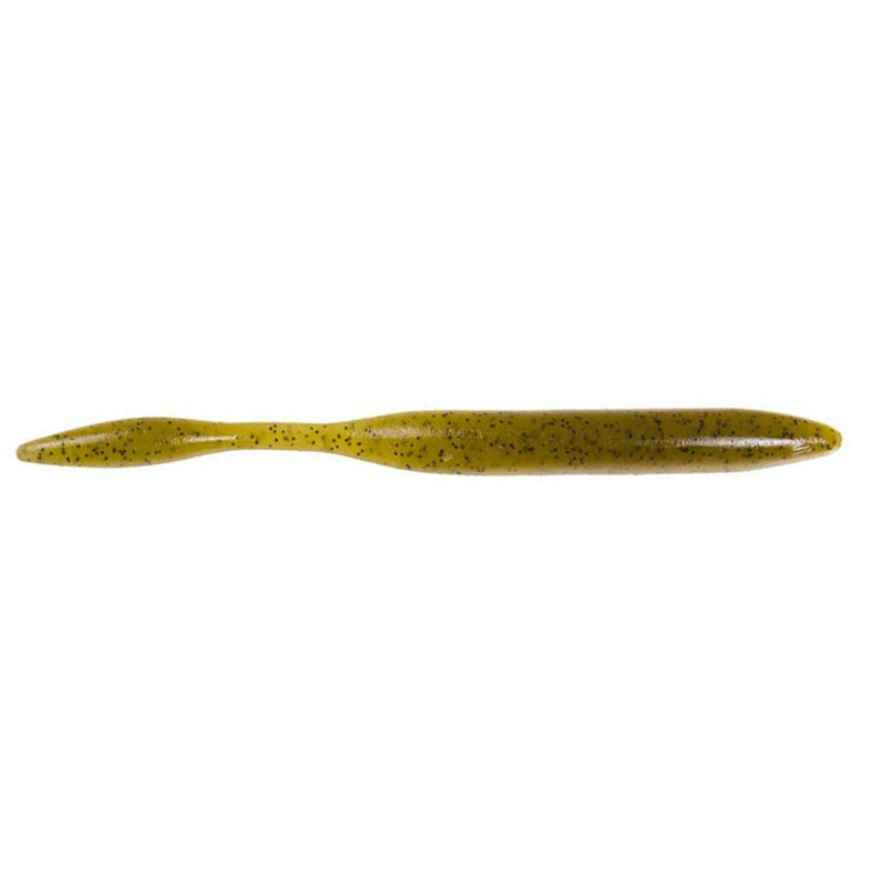 Strike King KVD Perfect Plastics Dream Shot fishing lure in green with black speckles, designed for realistic movement in water to attract musky and other fish.