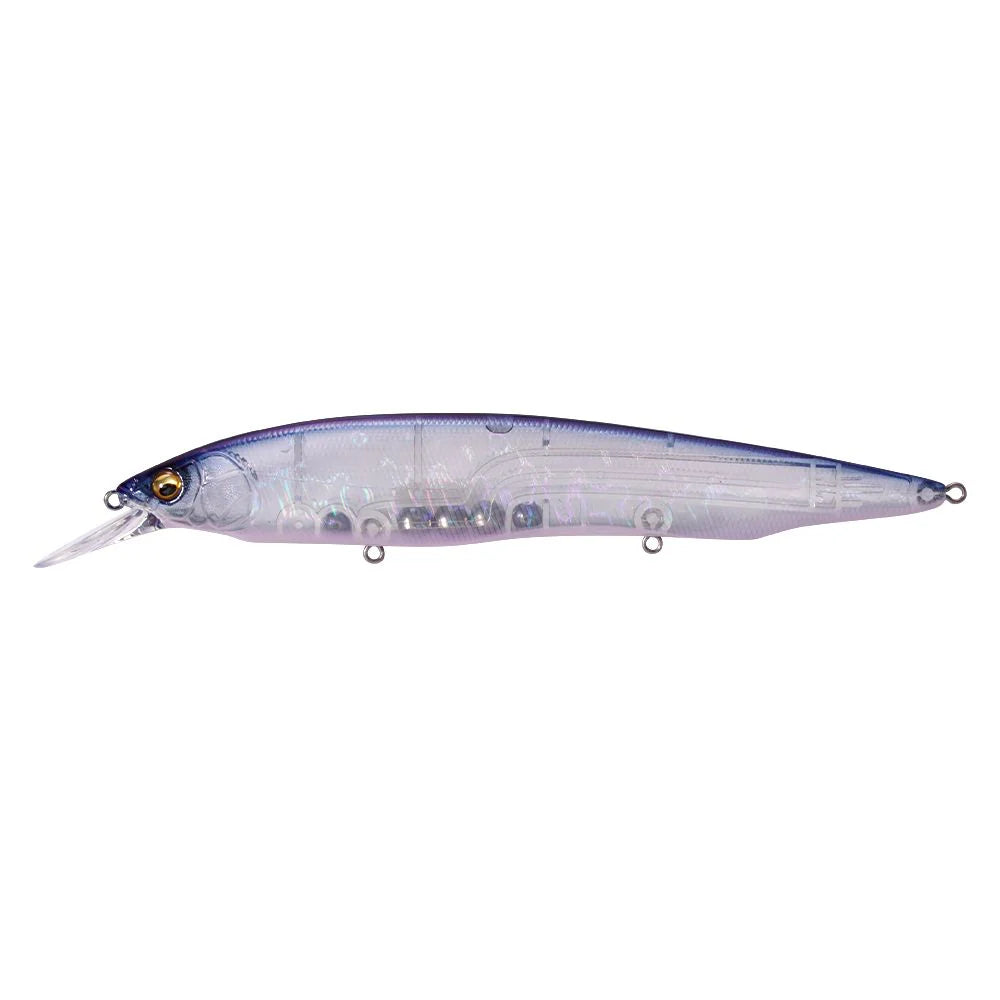 Megabass Kanata +1 fishing lure in translucent blue and silver with detailed fish scale pattern and realistic eye, designed for precision casting and effective freshwater fishing.