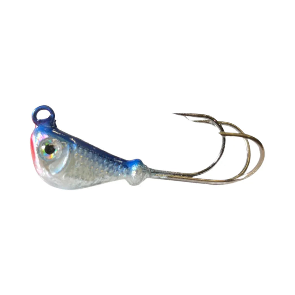 Mission Tackle Grabber Jig fishing lure with a small fish-shaped blue and silver weighted head and dual sharp treble hooks for effective fishing tackle use.
